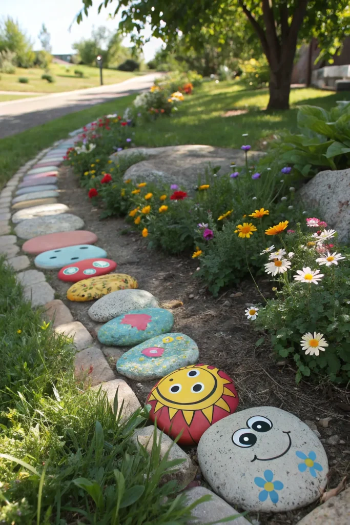 7 whimsical garden border with colorful stones