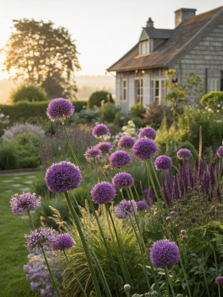 7realistic photo of a bold border garden showcasin