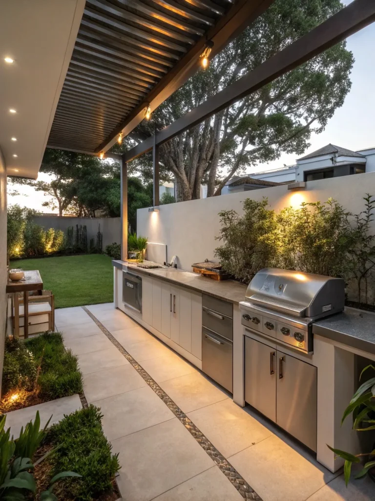 7realistic photo of a modern outdoor kitchen featu