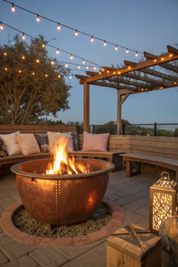 8 a copper cauldron fire pit surrounded by rustic