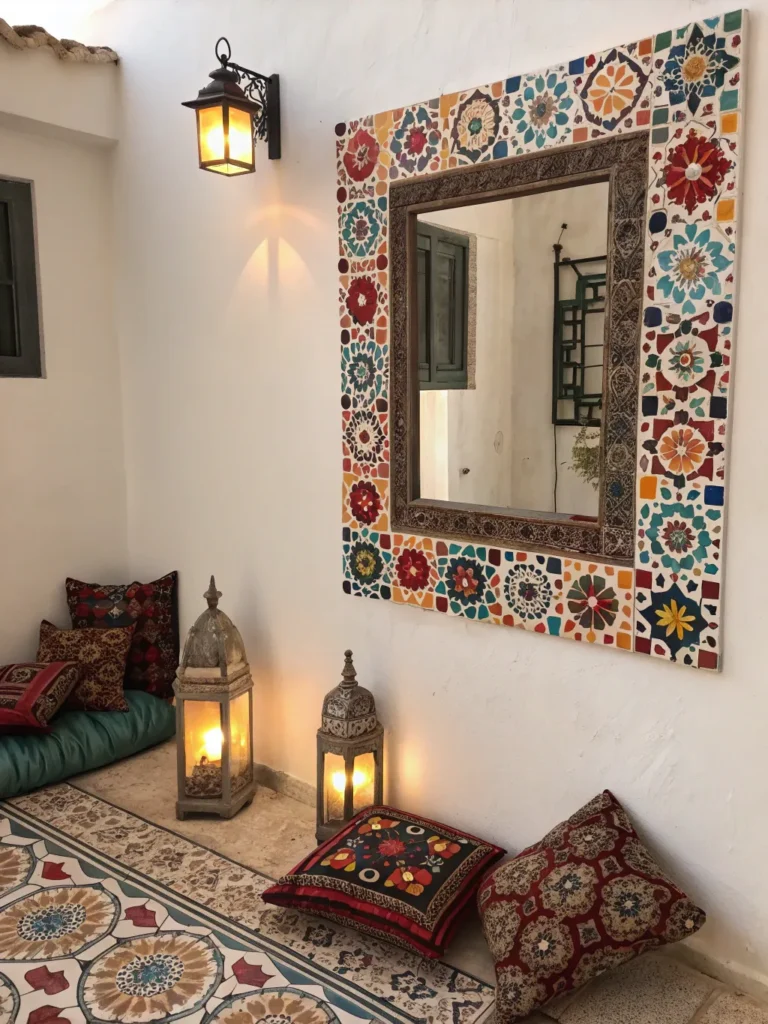 8 a square mirror surrounded by colorful moroccan