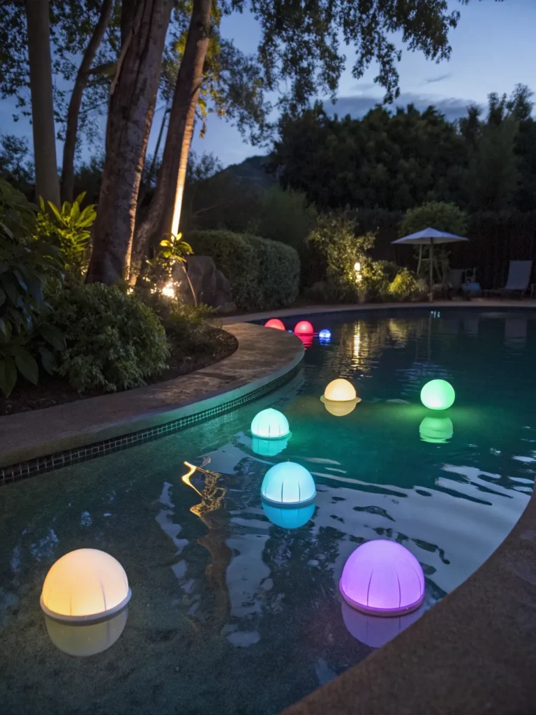 8 circular floating led lights drifting on a calm