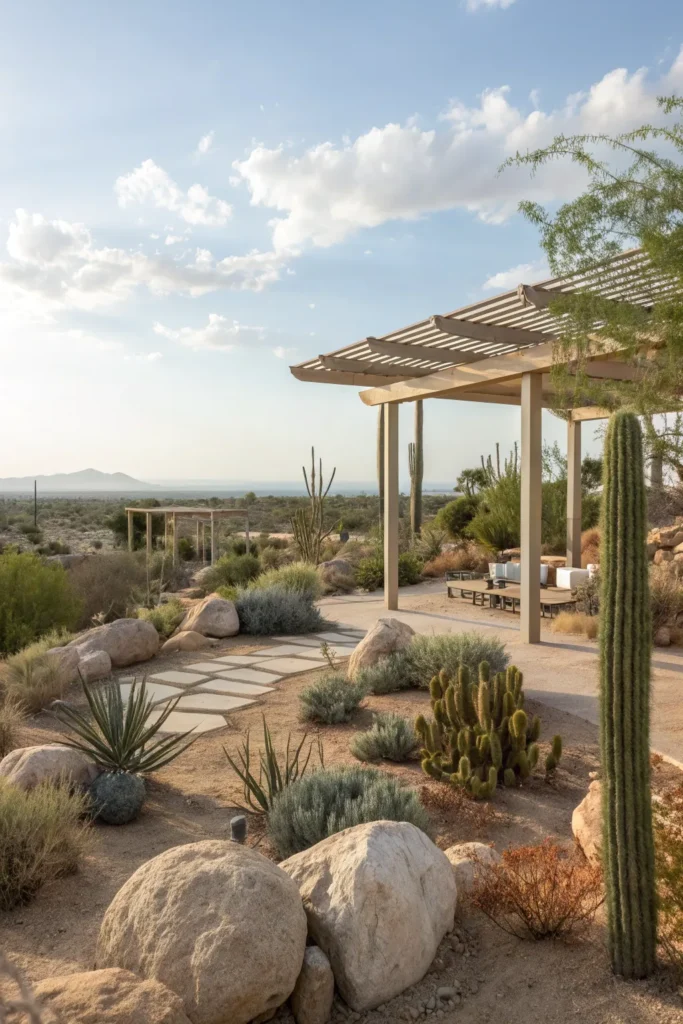 8 desert landscape with a desert oasis pergola