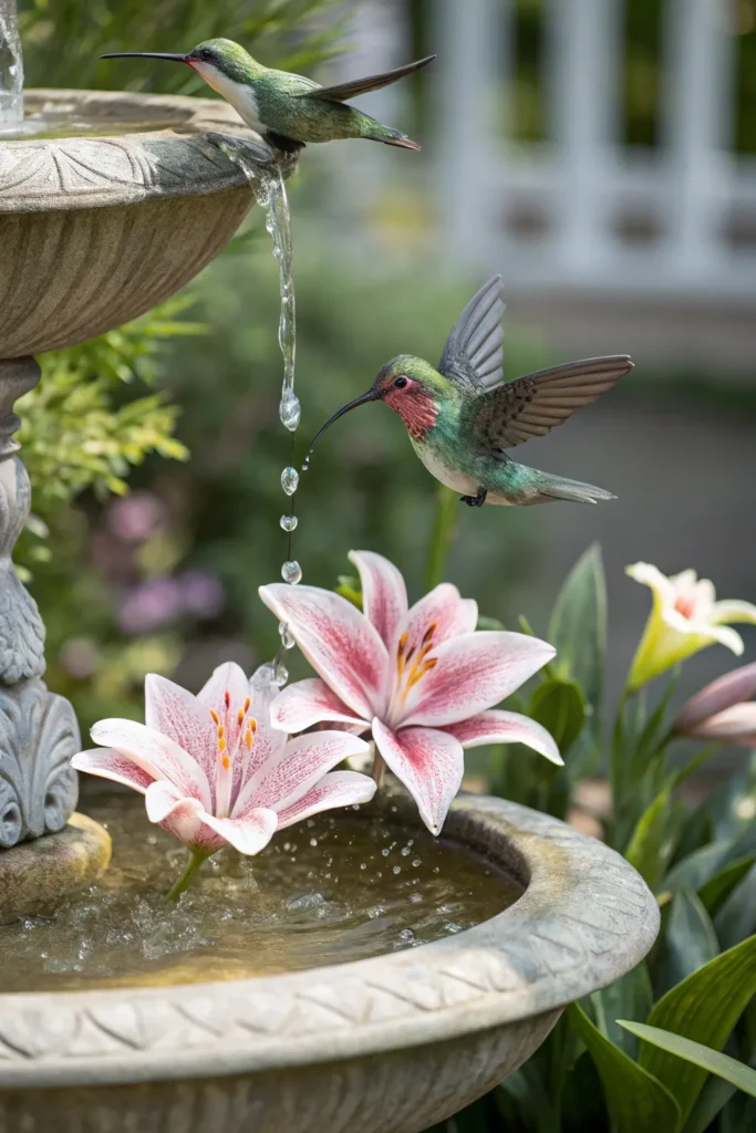 8 hummingbird on lily fountain a delicate hummin