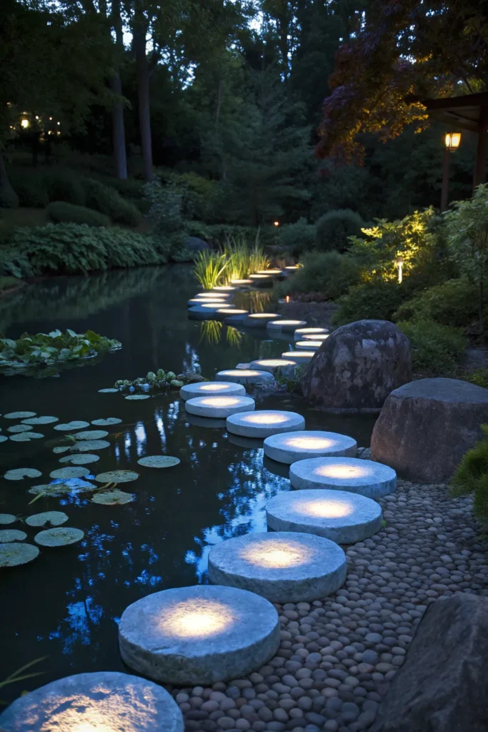 8 illuminated stepping stones forming a path acr