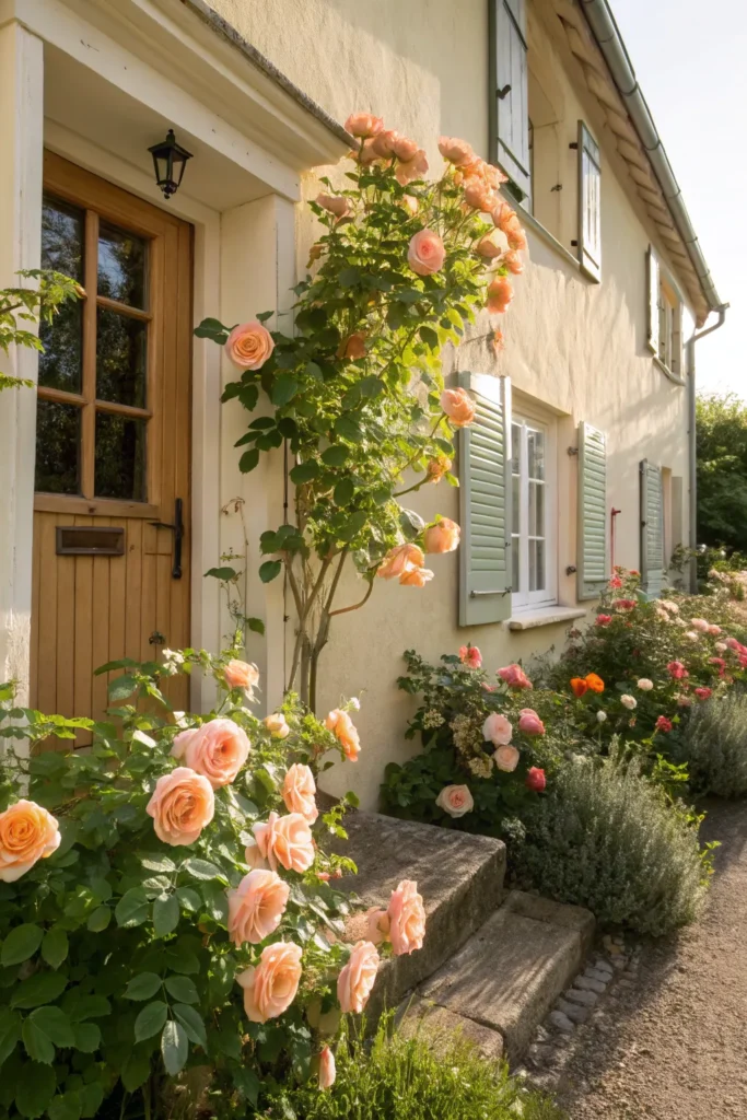 8 sunny front garden with peach roses warm peach