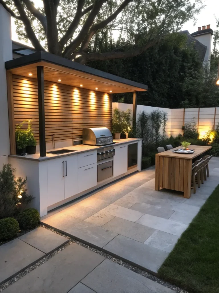 8realistic photo of a modern outdoor kitchen featu