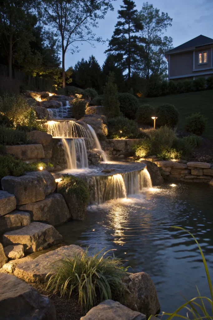 9 a cascading waterfall lit by submerged pond li