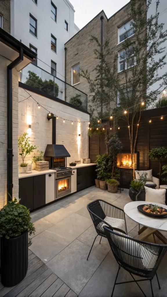 9 chic urban outdoor kitchen with glass fireplac