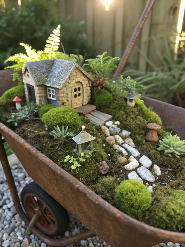 9 fairy garden in a wheelbarrow a rusty wheelbar