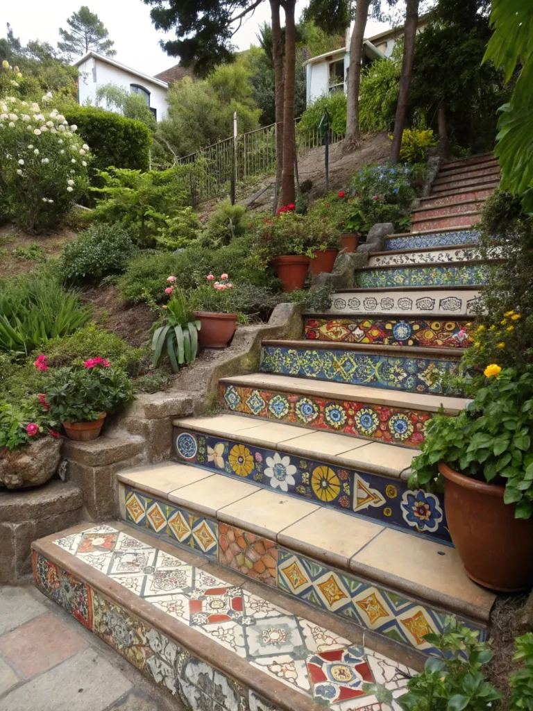 9 mosaic tiled steps with colorful ceramic patter