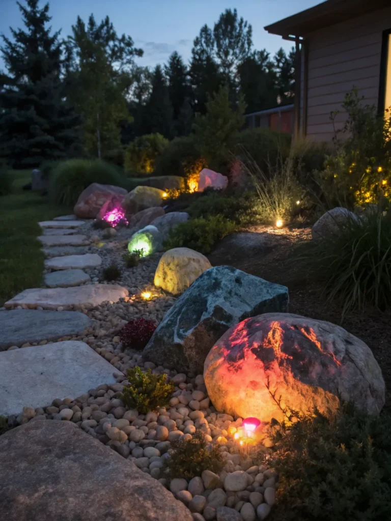 9 rock shaped garden lights blending into the lan