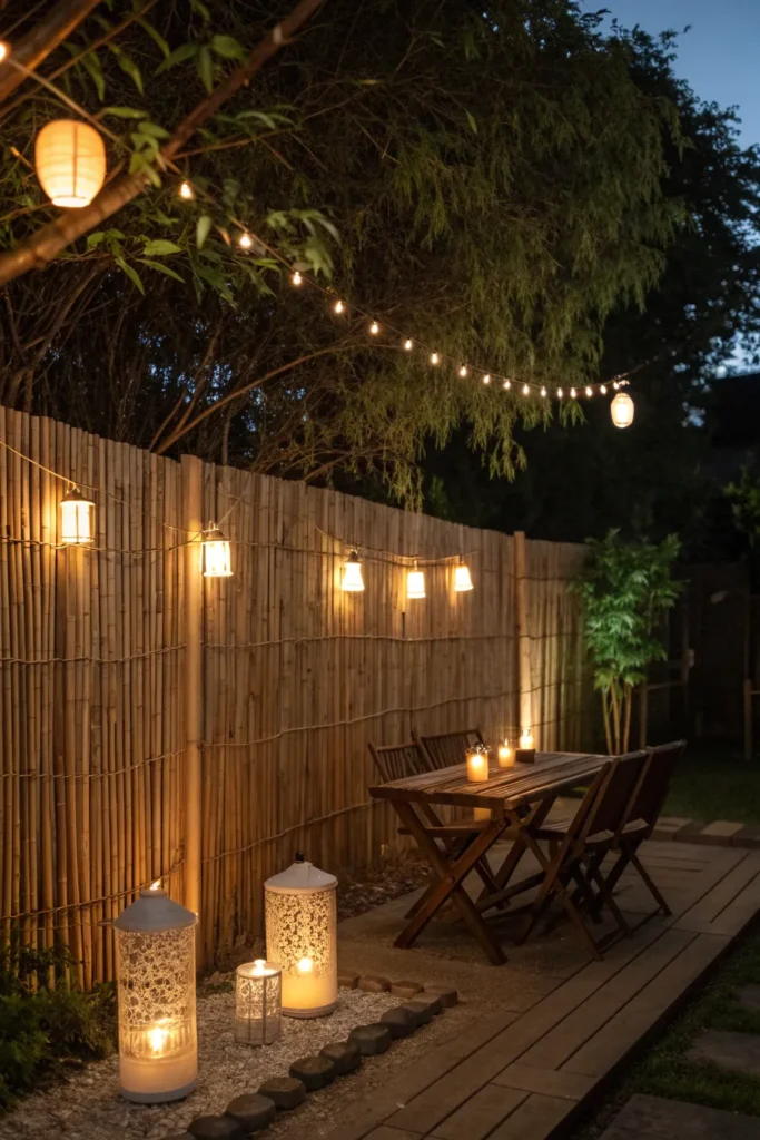 9 warm lantern ambiance a bamboo fence at nigh