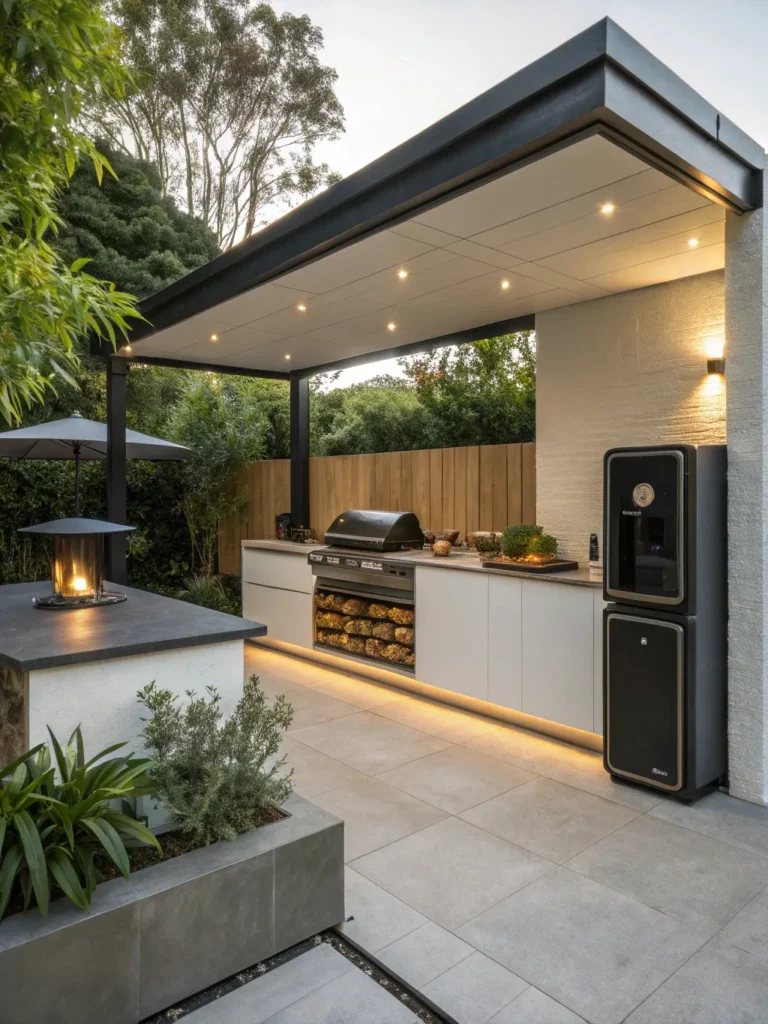 9realistic photo of a modern outdoor kitchen featu