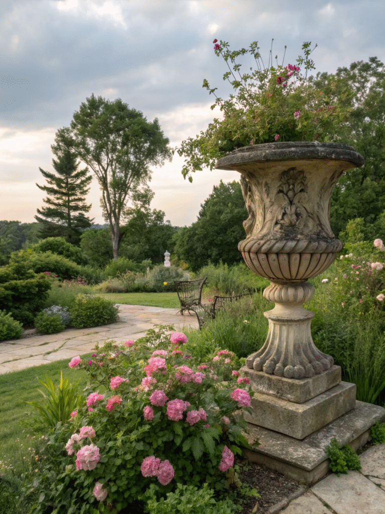 a realistic garden scene featuring a abstract ston