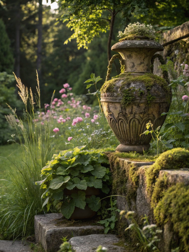 a realistic garden scene featuring a ancient potte