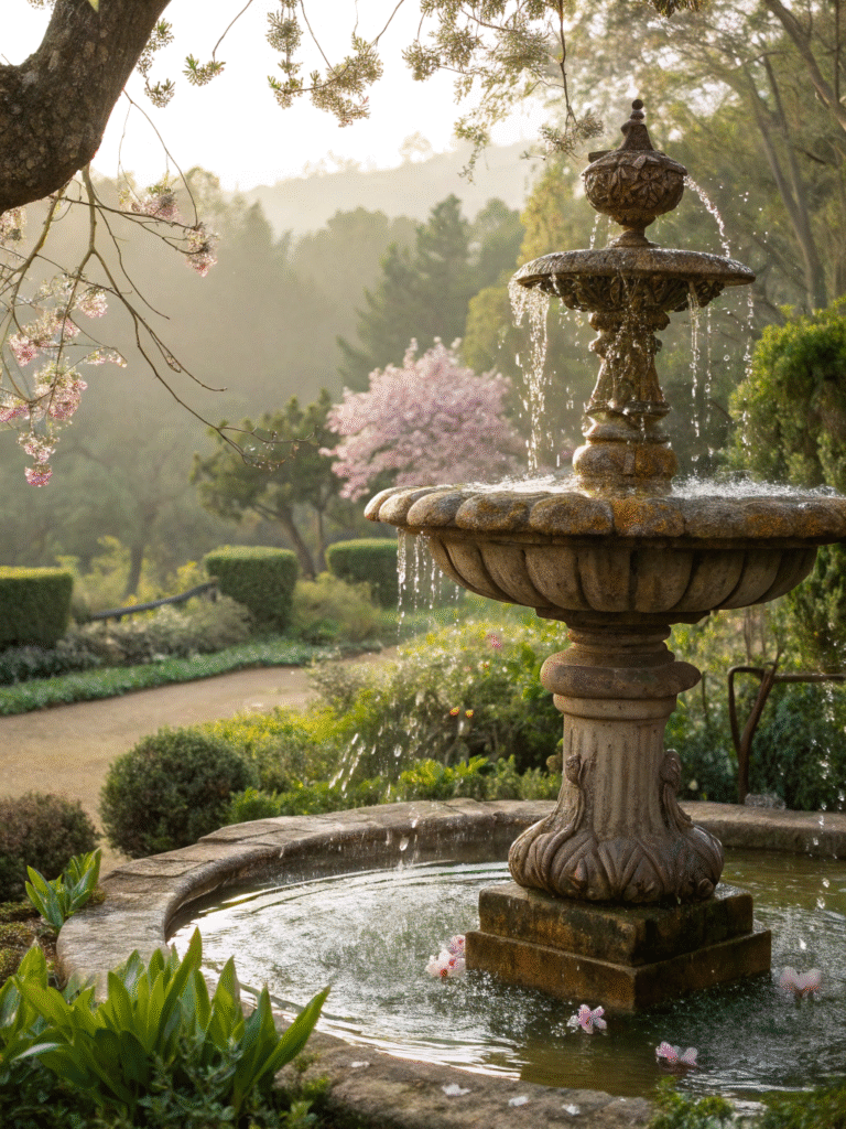 a realistic garden scene featuring a antique sink