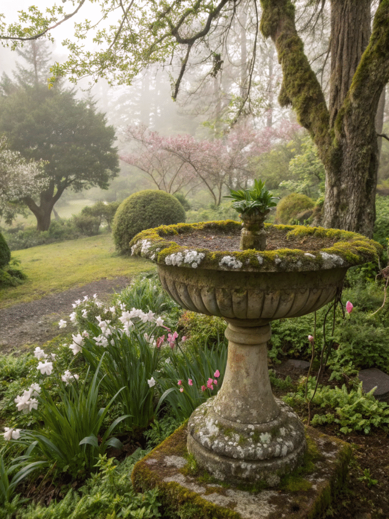 a realistic garden scene featuring a antique stone