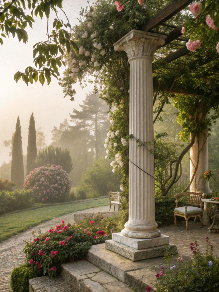 a realistic garden scene featuring a cascading pil