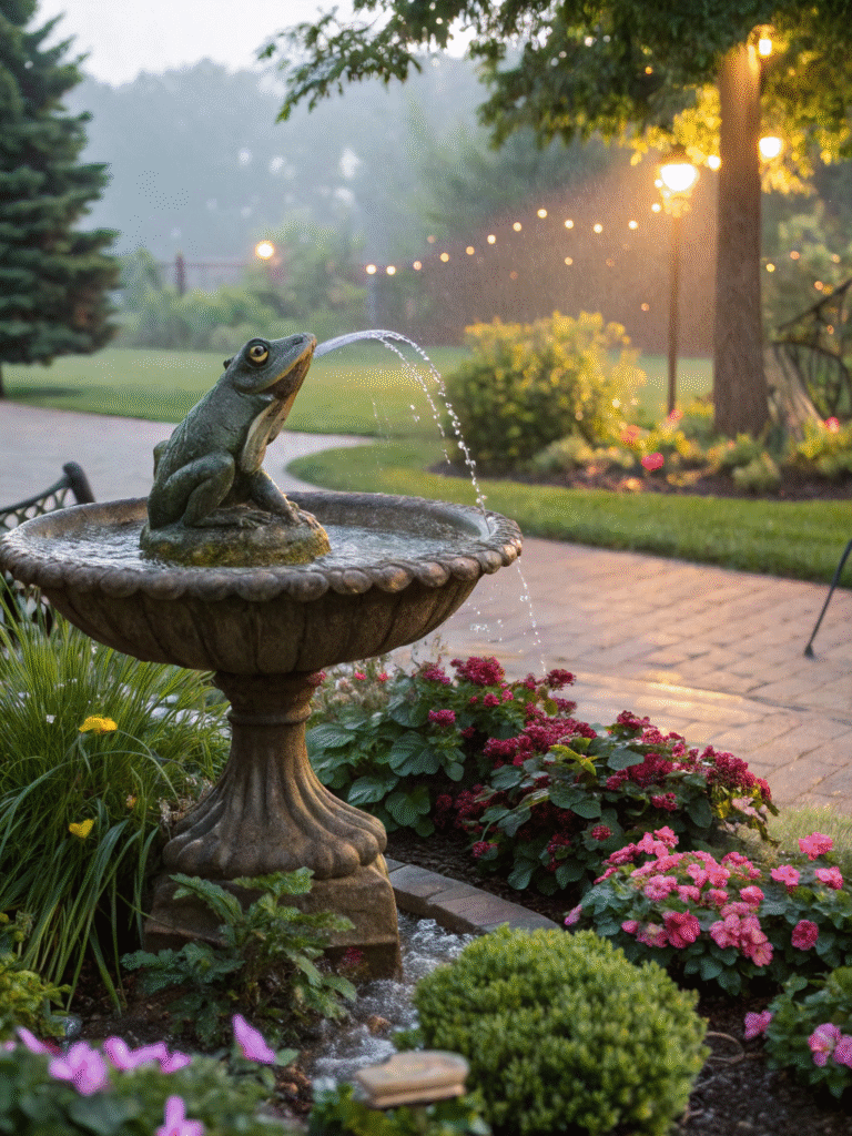 a realistic garden scene featuring a ceramic frog