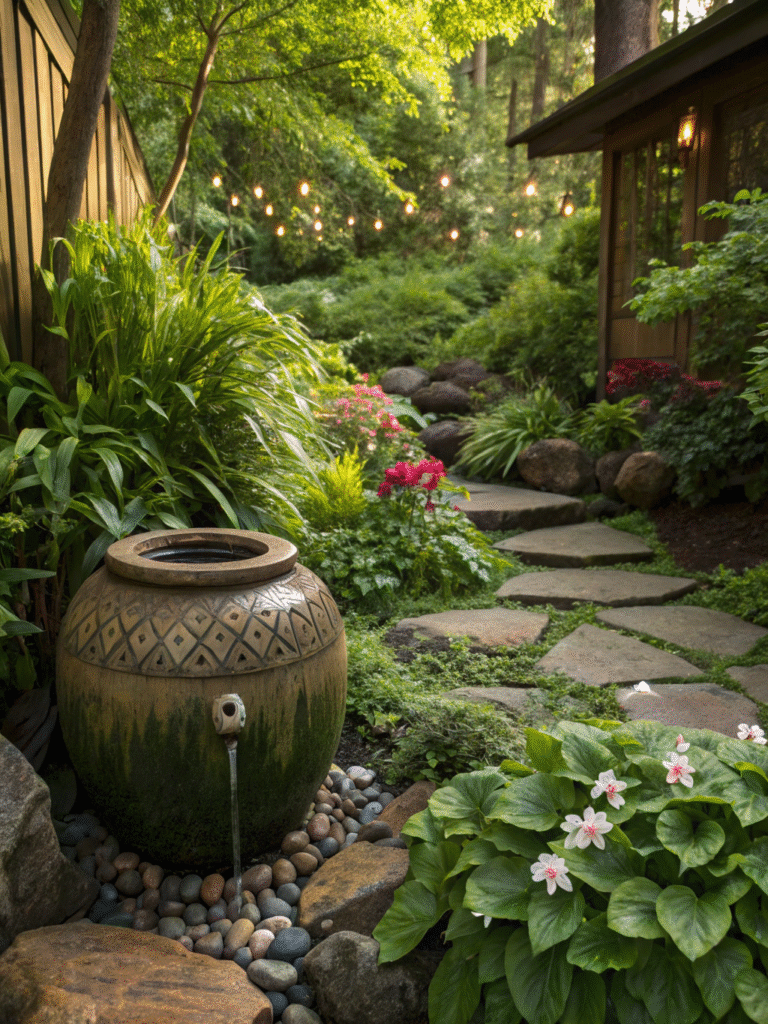 a realistic garden scene featuring a ceramic water