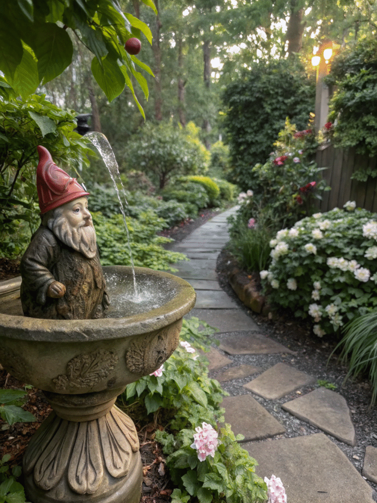 a realistic garden scene featuring a charming gnom