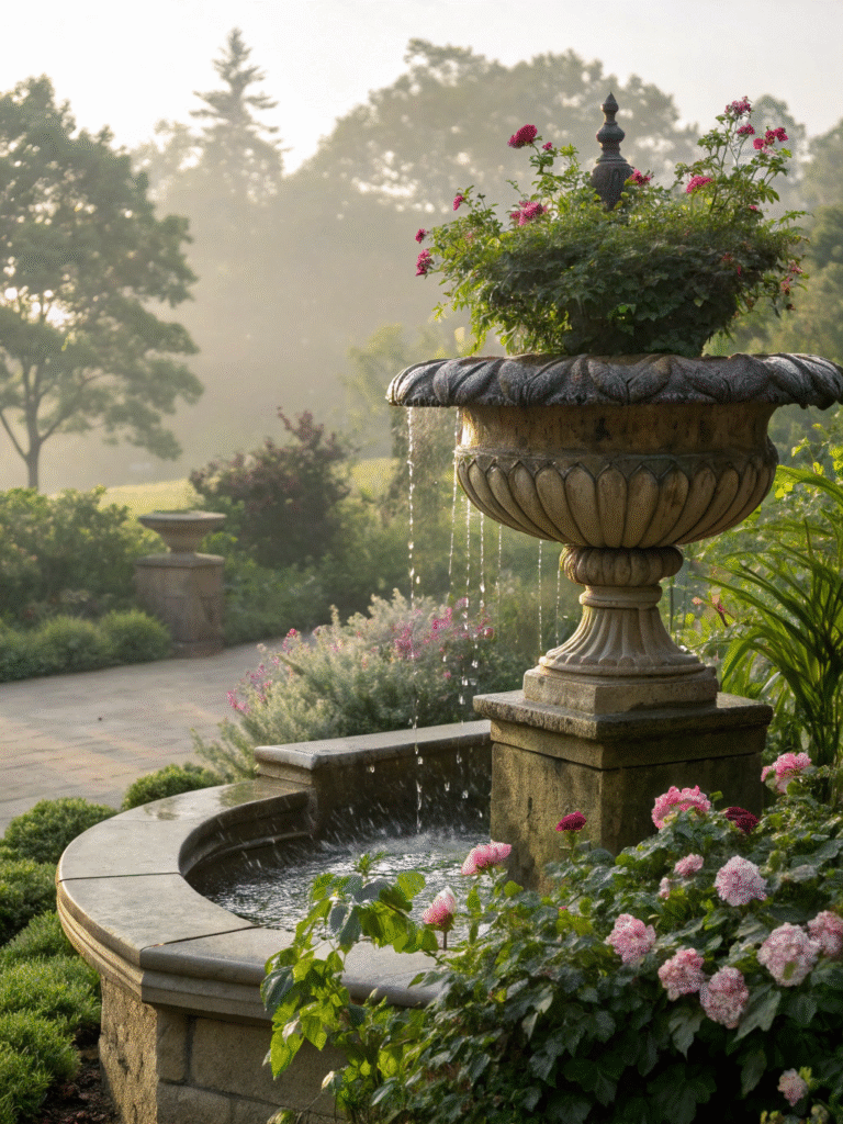 a realistic garden scene featuring a classic urn w