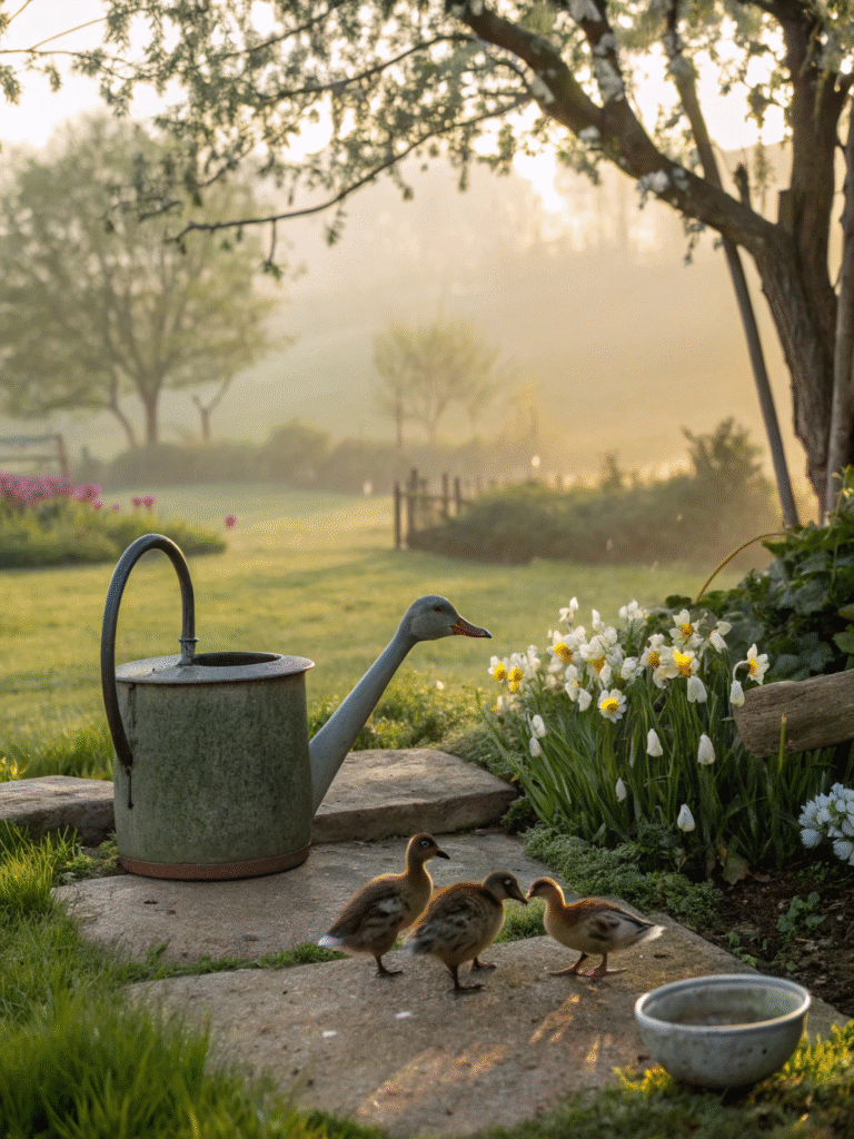 a realistic garden scene featuring a duck family p