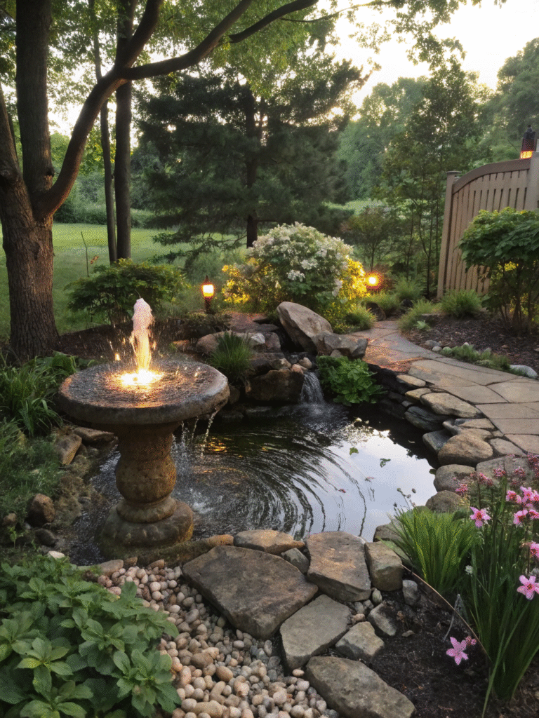 a realistic garden scene featuring a fish bubbler