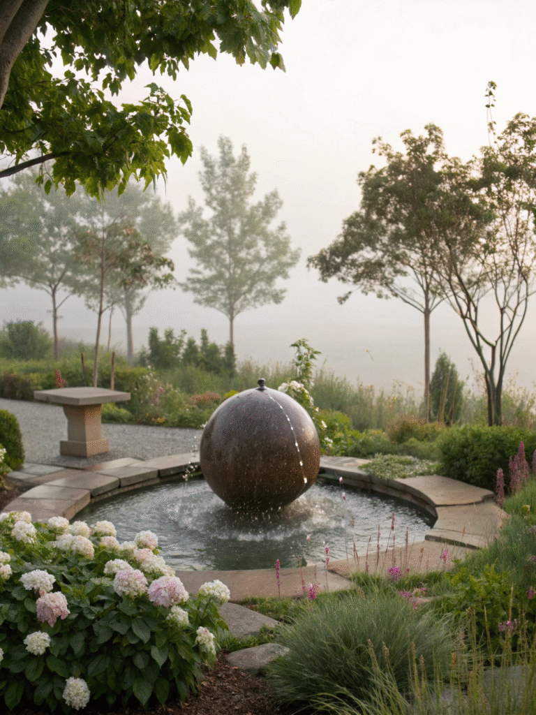 a realistic garden scene featuring a floating sphe
