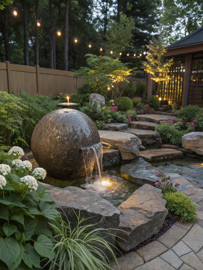 a realistic garden scene featuring a granite spher