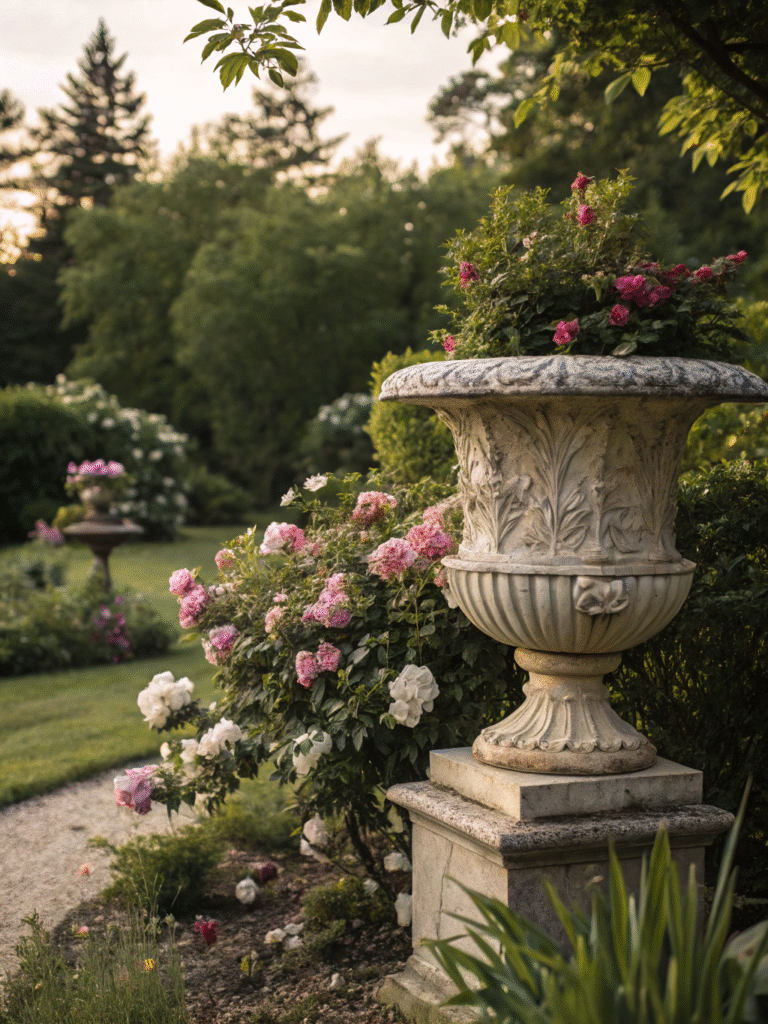 a realistic garden scene featuring a handcrafted m