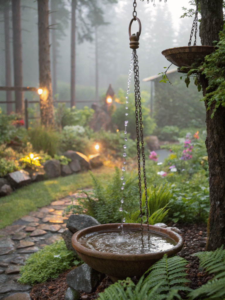 a realistic garden scene featuring a hanging rain