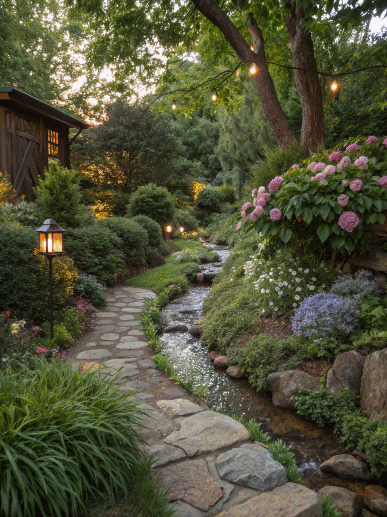 a realistic garden scene featuring a hidden stream