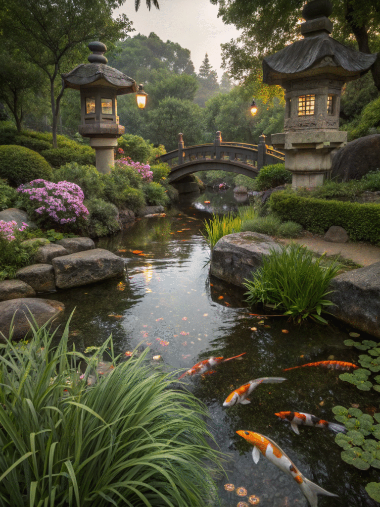 a realistic garden scene featuring a japanese koi
