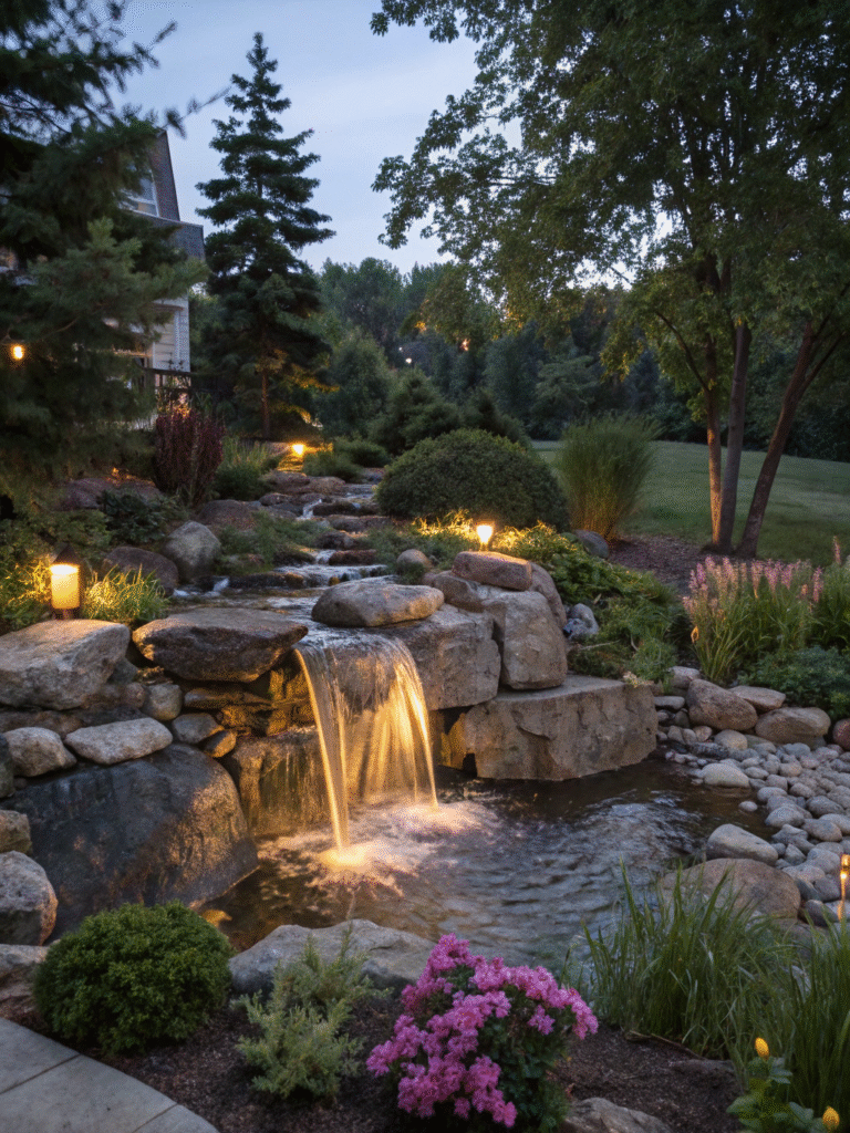 a realistic garden scene featuring a led lit water