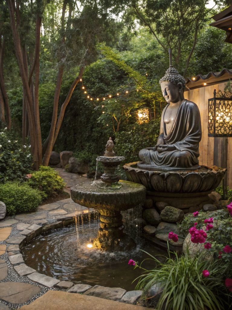 a realistic garden scene featuring a meditative bu