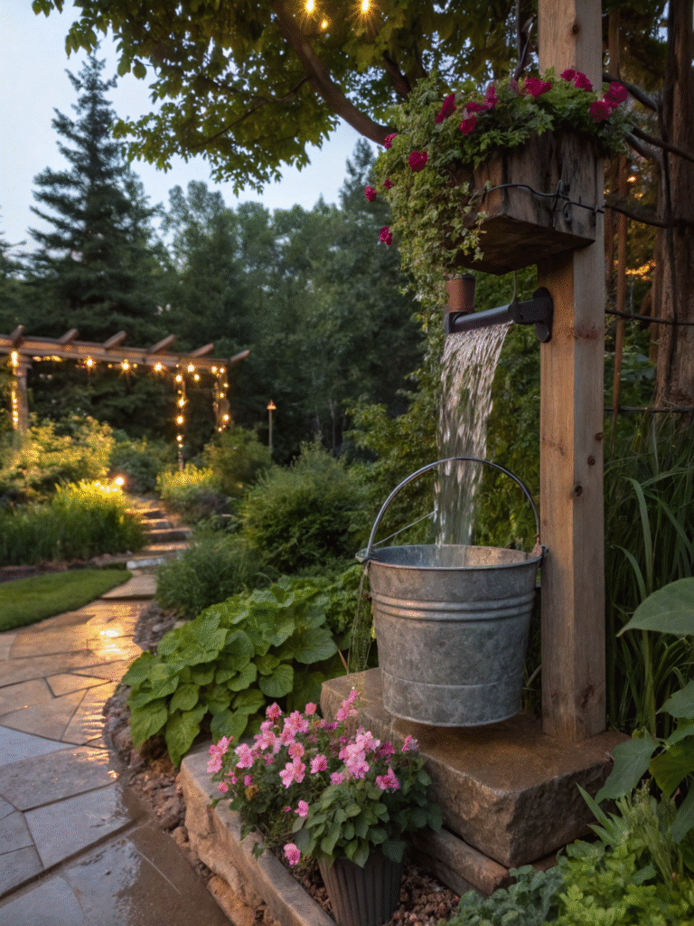 a realistic garden scene featuring a metal bucket