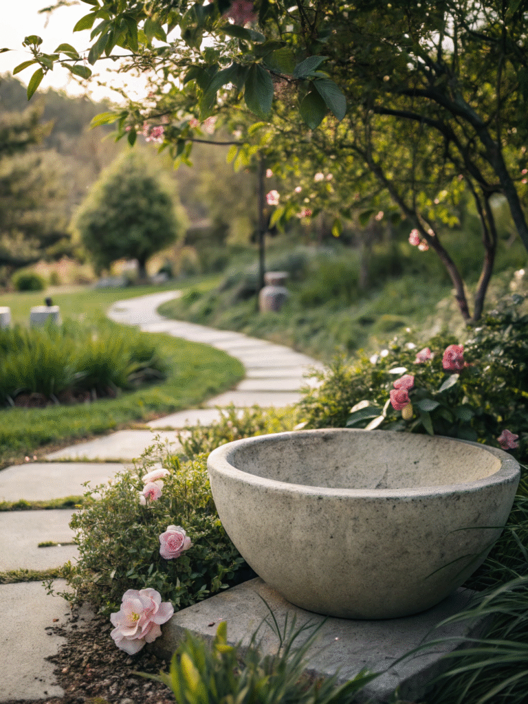 a realistic garden scene featuring a minimalist co