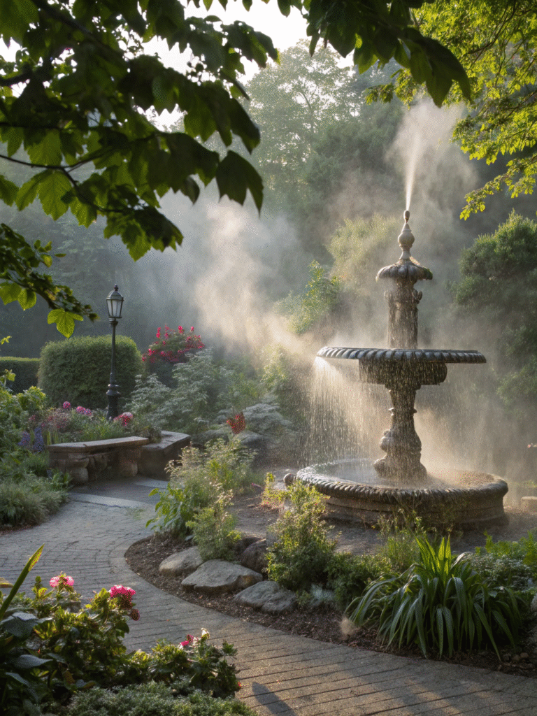 a realistic garden scene featuring a mist fountain