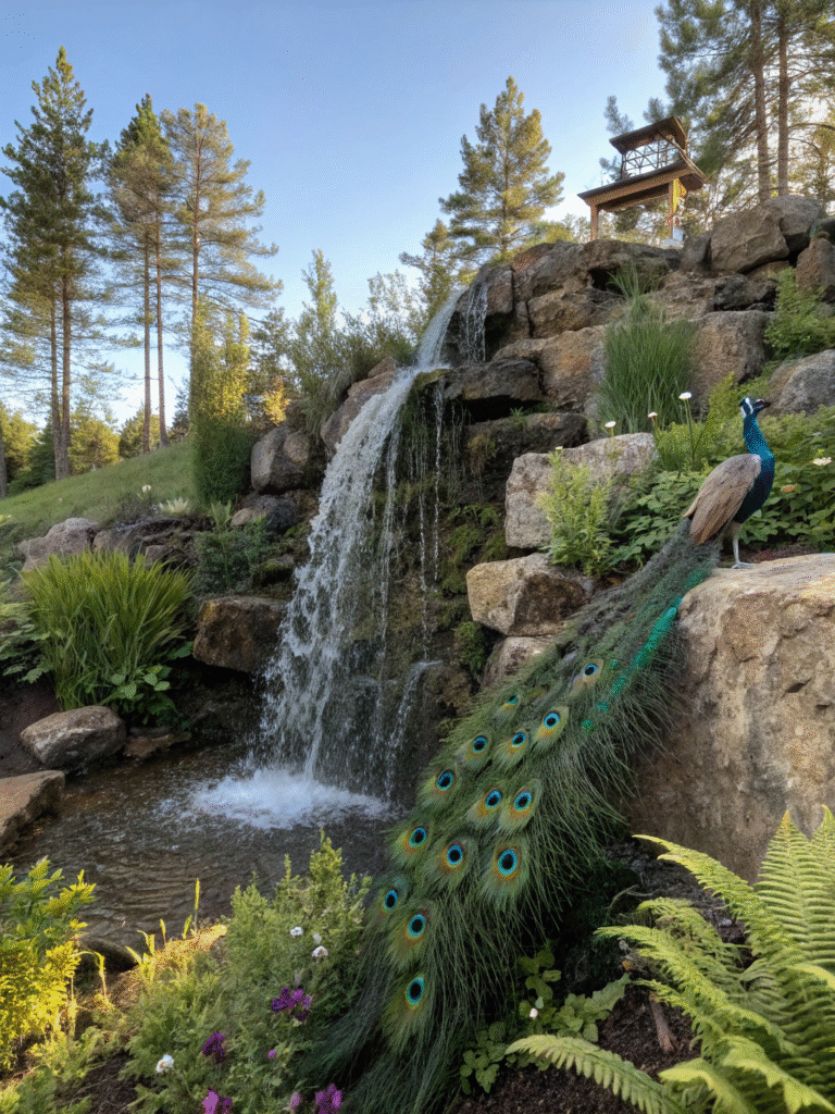 a realistic garden scene featuring a peacock feath