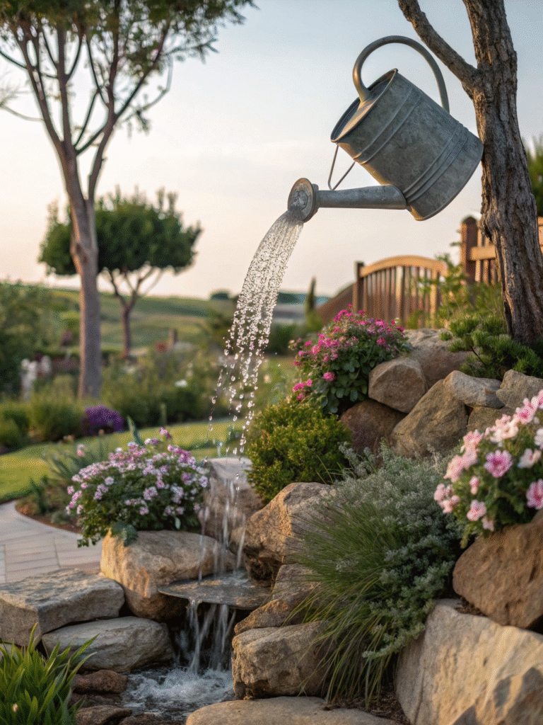 a realistic garden scene featuring a recycled wate