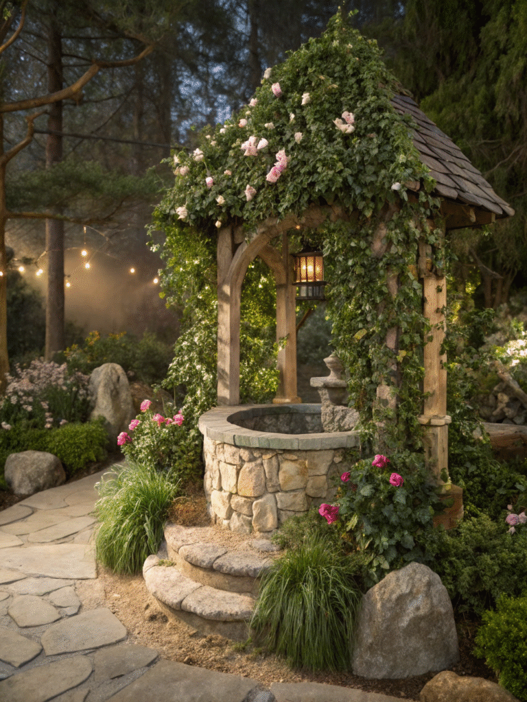 a realistic garden scene featuring a resin wishing