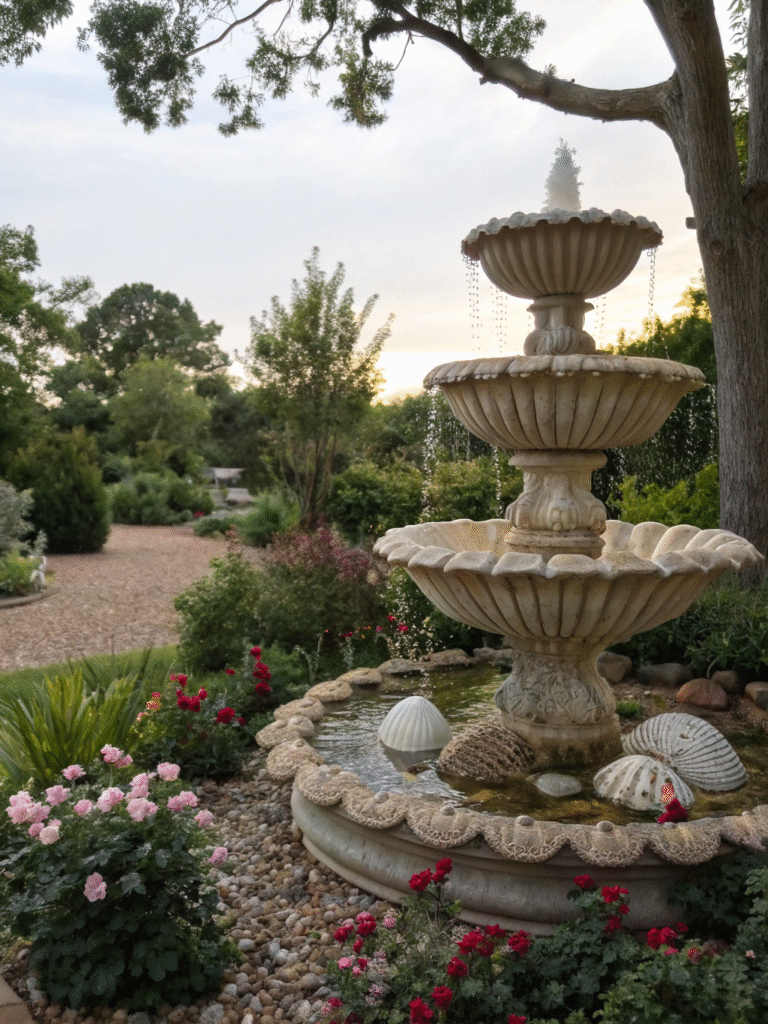 a realistic garden scene featuring a seashell tier