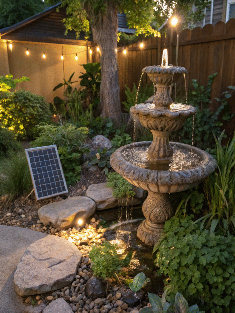 a realistic garden scene featuring a solar powered