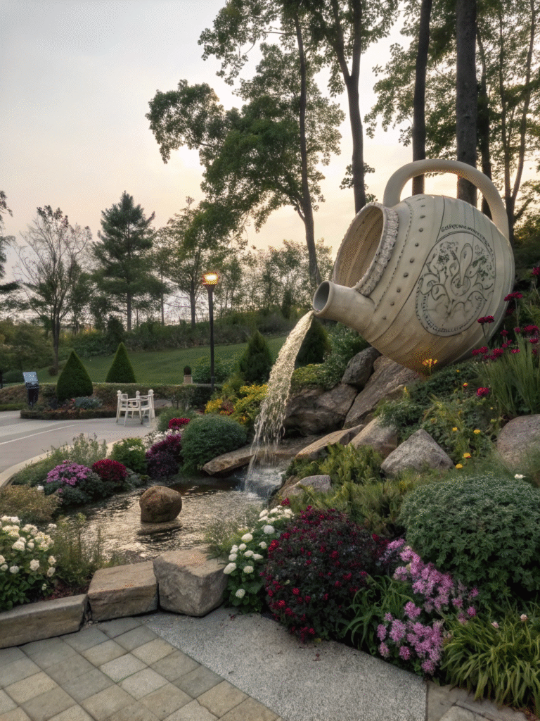 a realistic garden scene featuring a spilling teap