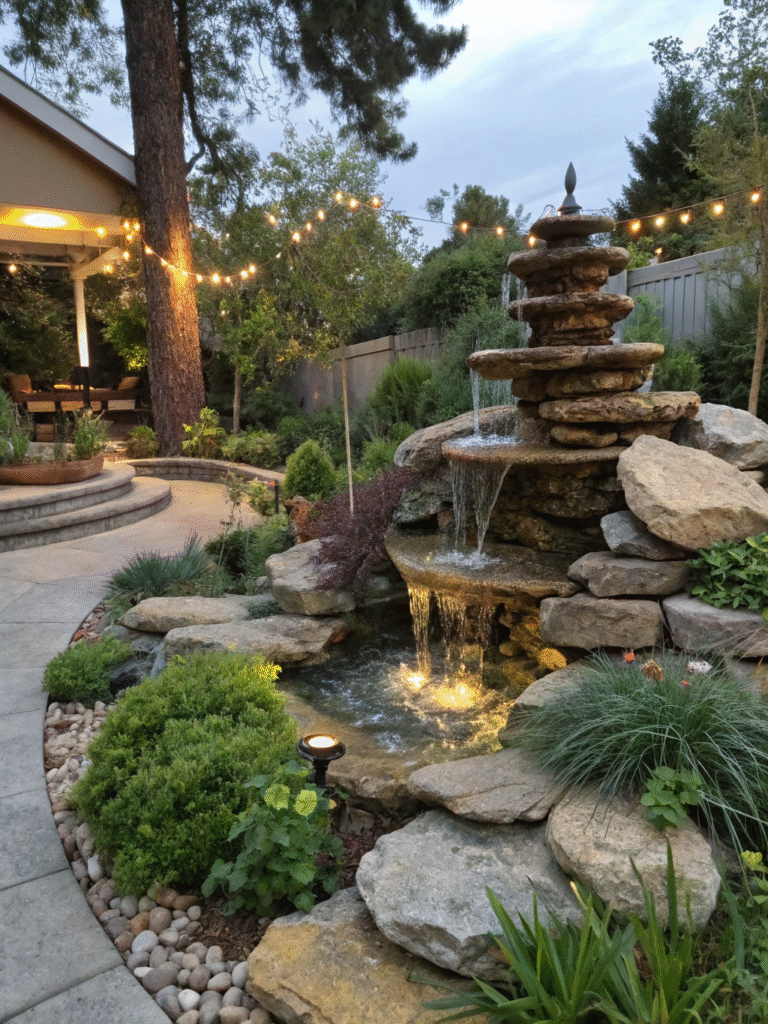 a realistic garden scene featuring a spiral rock f