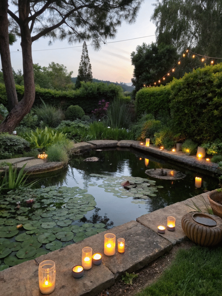a realistic garden scene featuring a sunken pond w