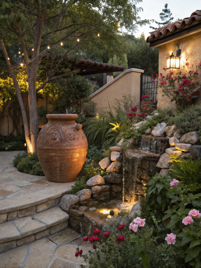 a realistic garden scene featuring a terracotta ju