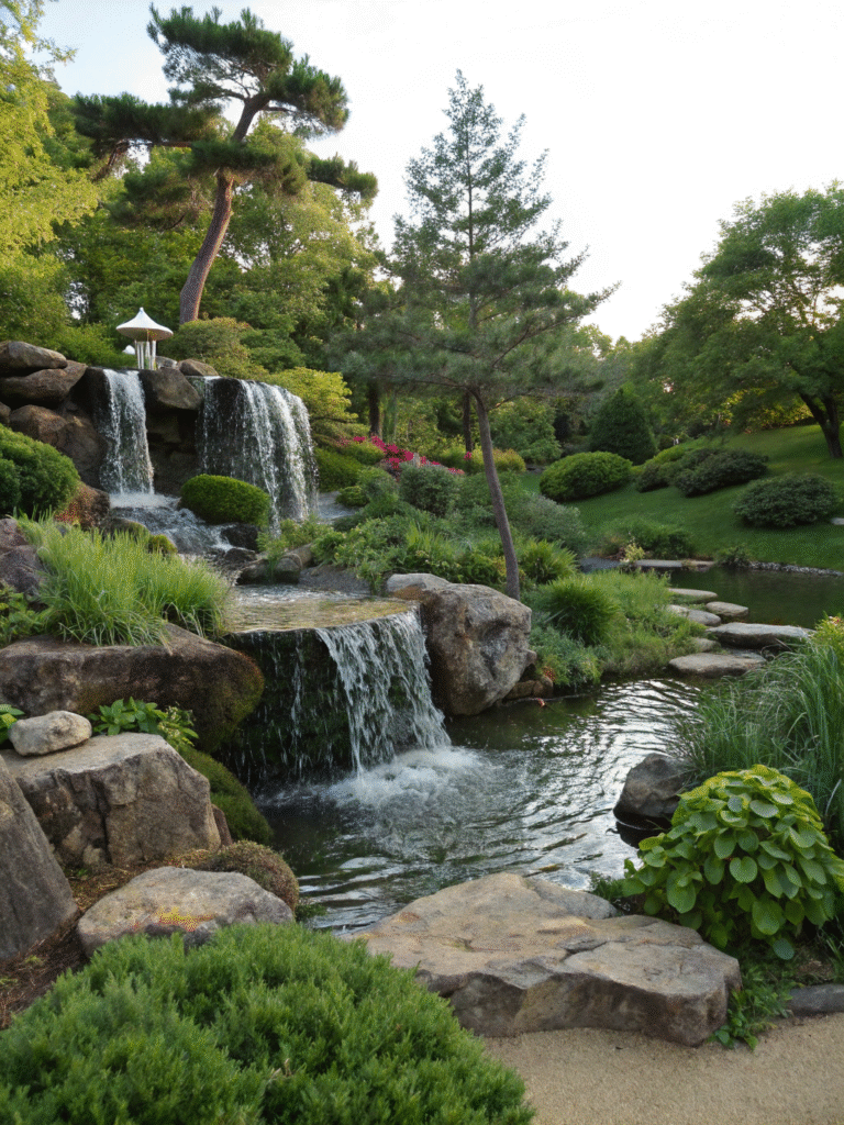 a realistic garden scene featuring a tiered rock w